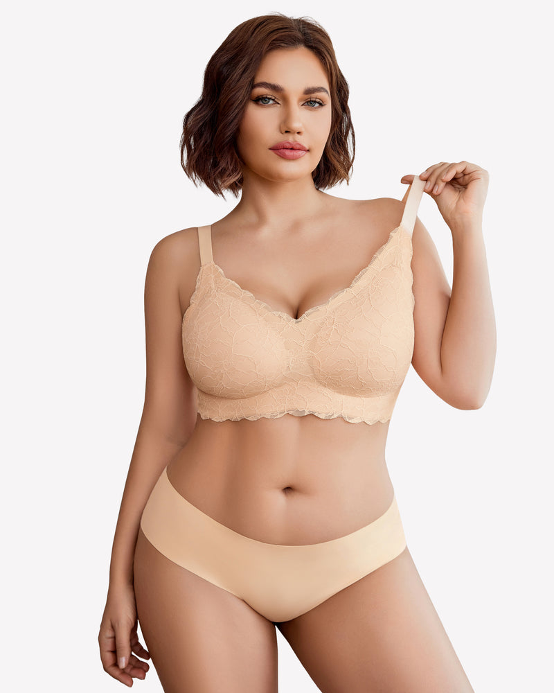 Light beige wireless lace full-coverage bra with scalloped cups and adjustable straps