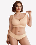 Light beige wireless lace full-coverage bra with scalloped cups and adjustable straps