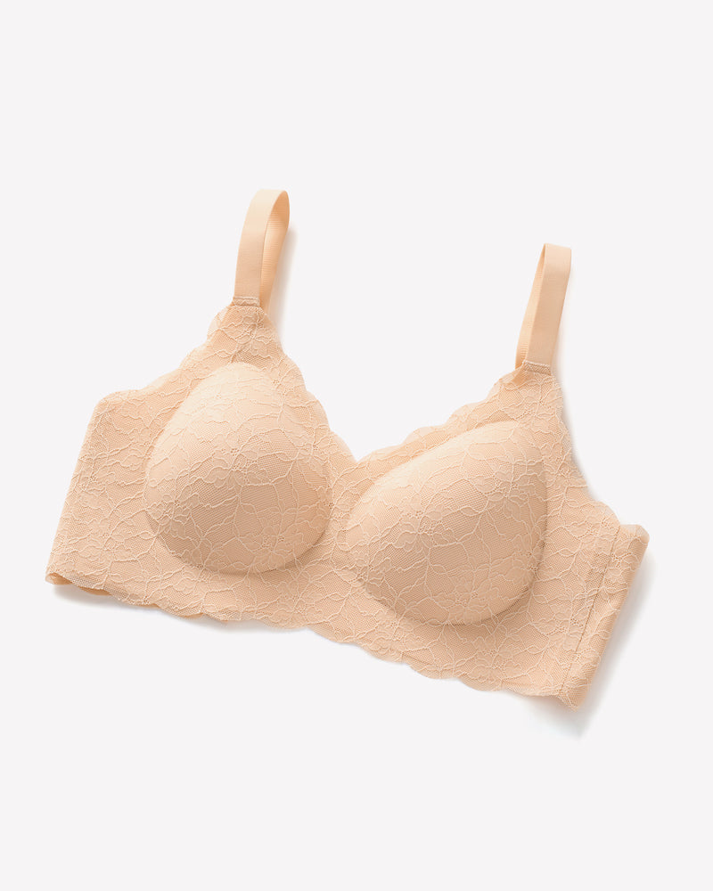 Nude wireless lace full-coverage bra with scalloped underband and adjustable straps