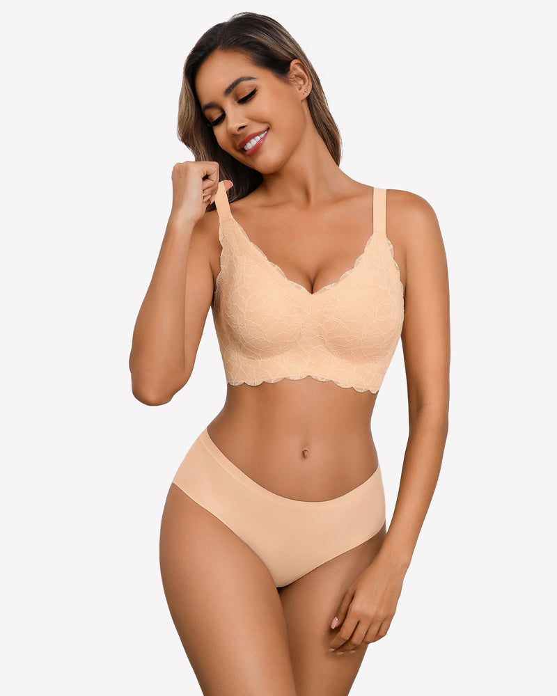 Light beige wireless lace full-coverage bra with scalloped cups and adjustable straps