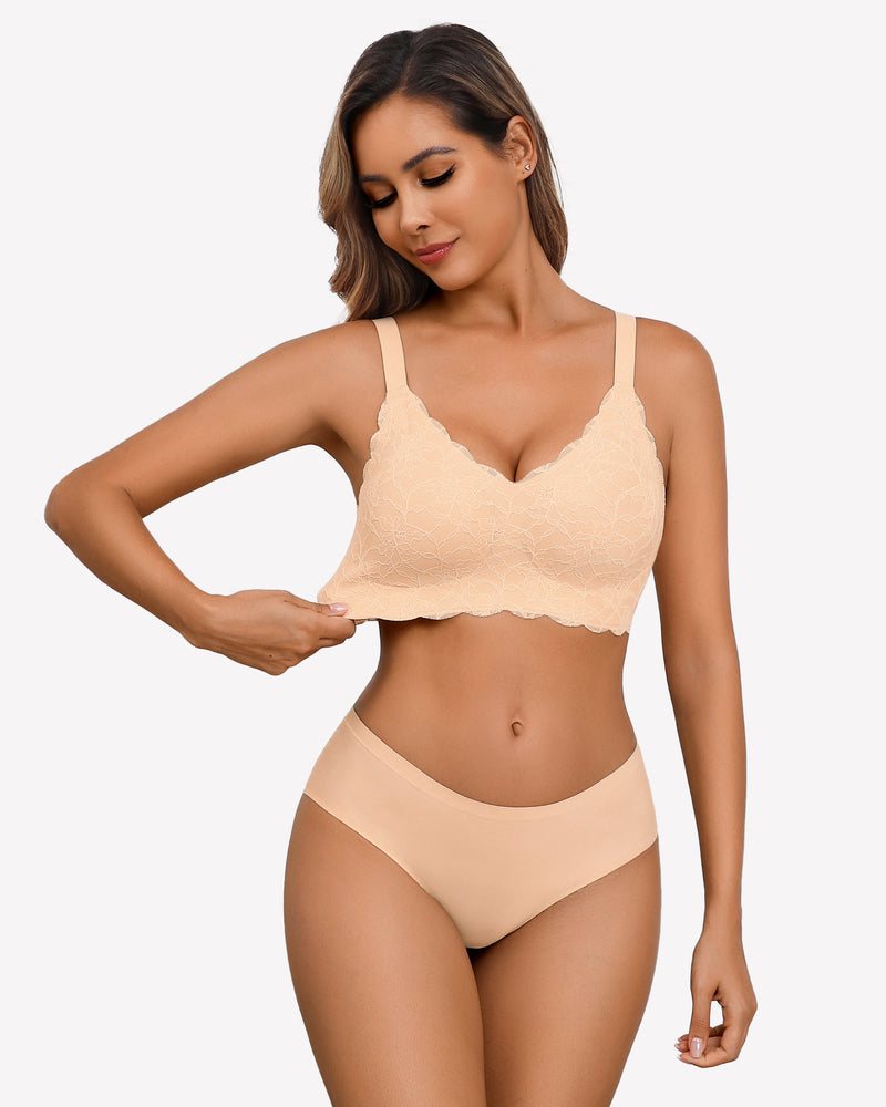 Nude wireless lace bra with V-neck cups and adjustable spaghetti straps