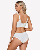 White wireless lace bra viewed from back with adjustable straps and full-coverage cups