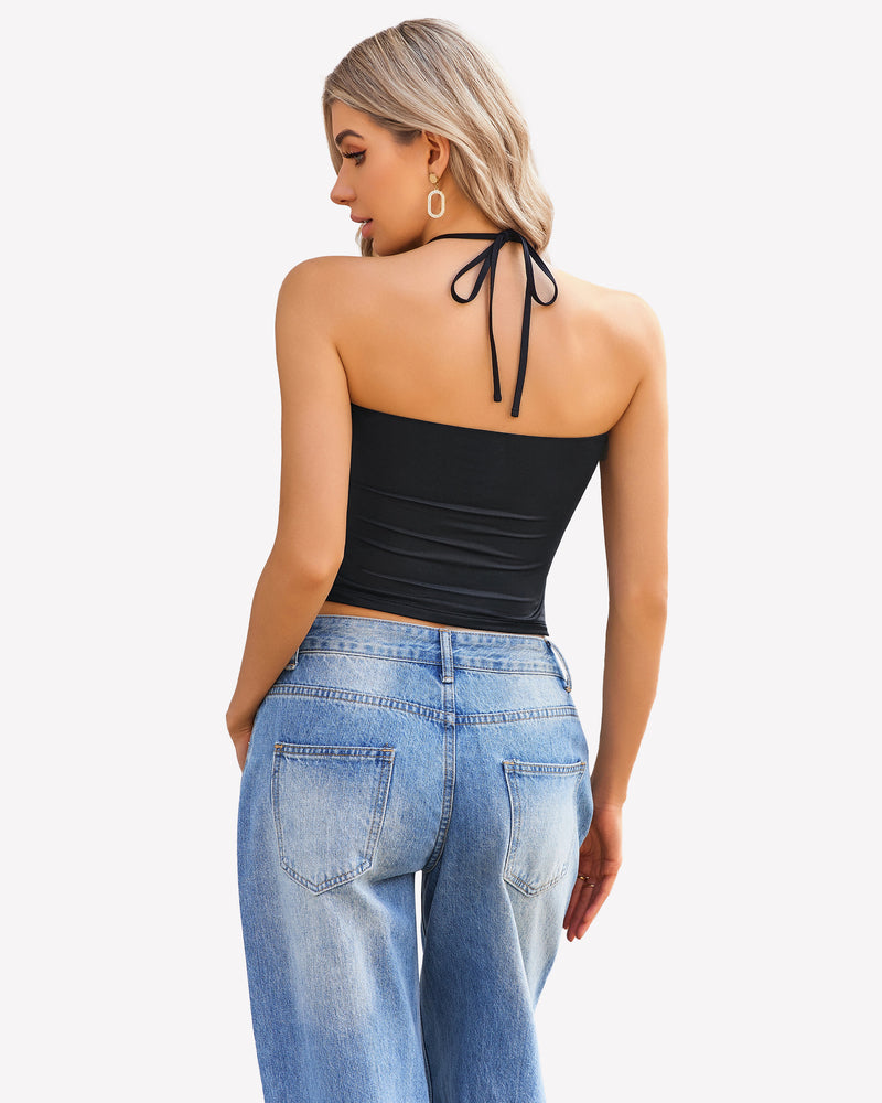 Black halter ruched crop tank with open back and tied halter neck straps