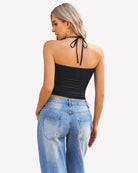 Black halter ruched crop tank with open back and tied halter neck straps