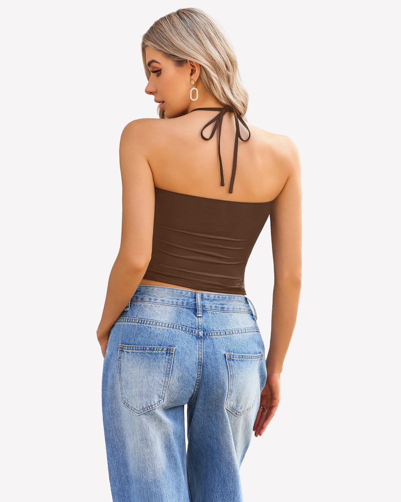 Brown halter ruched crop tank with open back and tied neck straps