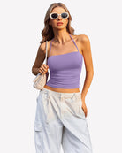 Light purple halter ruched crop tank with thin straps and ruched waist section