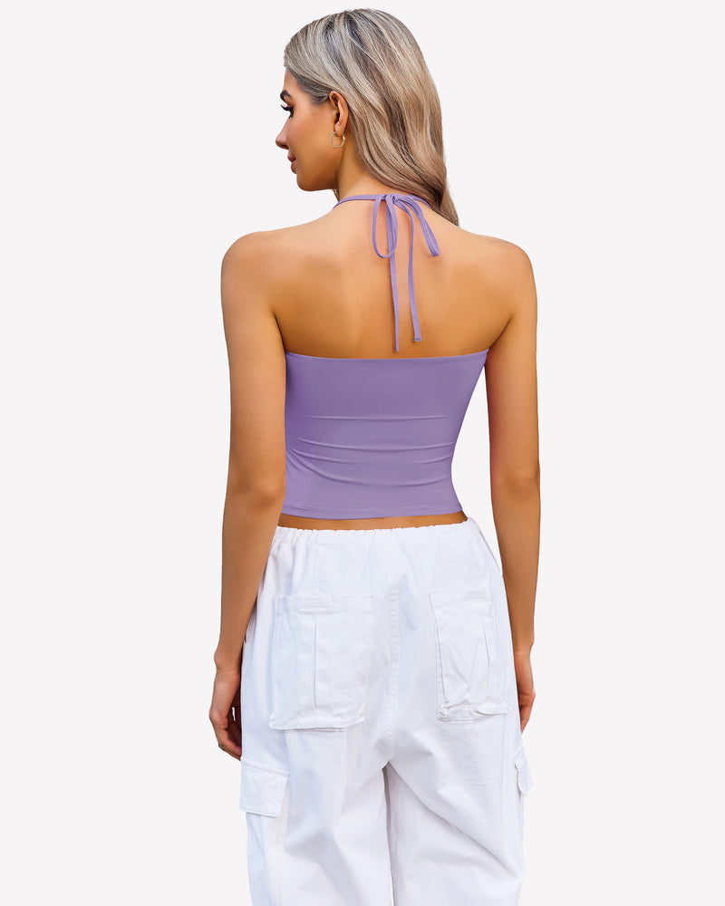 Light purple halter ruched crop tank with open back and tied halter neck straps