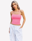 Pink halter ruched crop tank with thin straps and gathered ruched waist detail