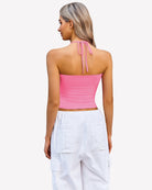 Ruched halter crop top in pink with tied neck straps