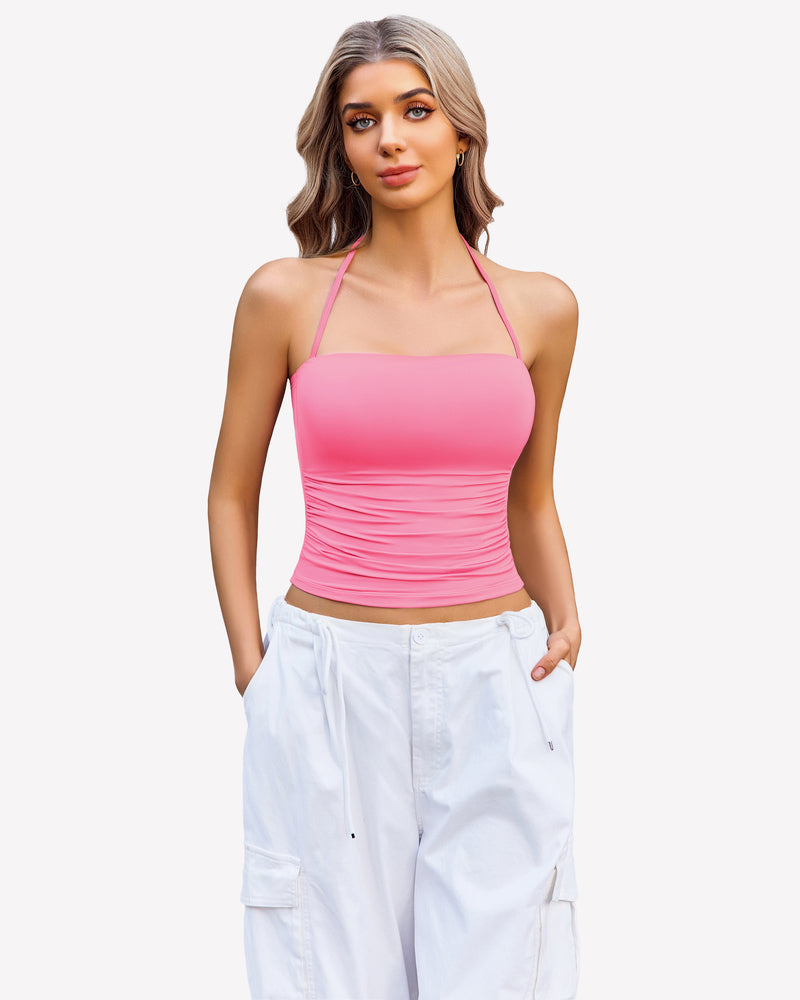 Ruched halter crop top in pink with spaghetti straps and ruched bust