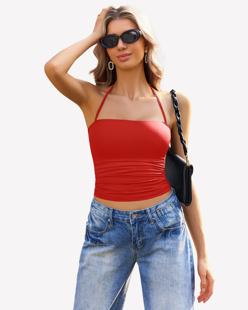 Ruched halter crop top in red with tied halter straps and ruched front