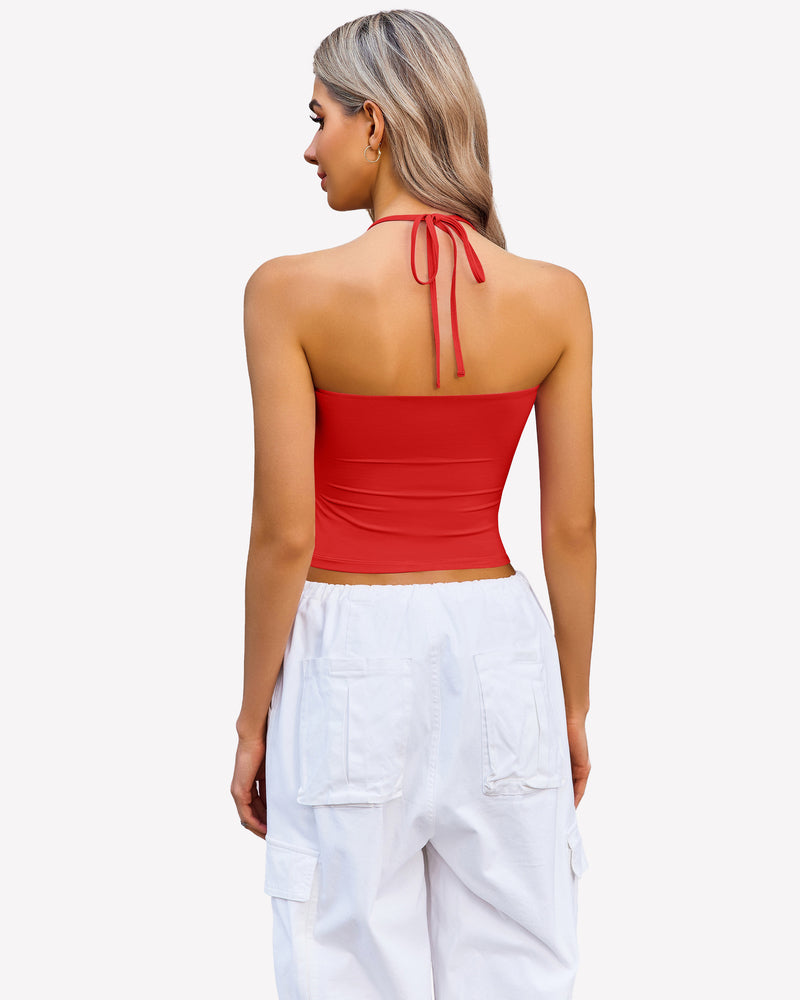 Ruched halter crop top in red, open-back style with tied neck straps