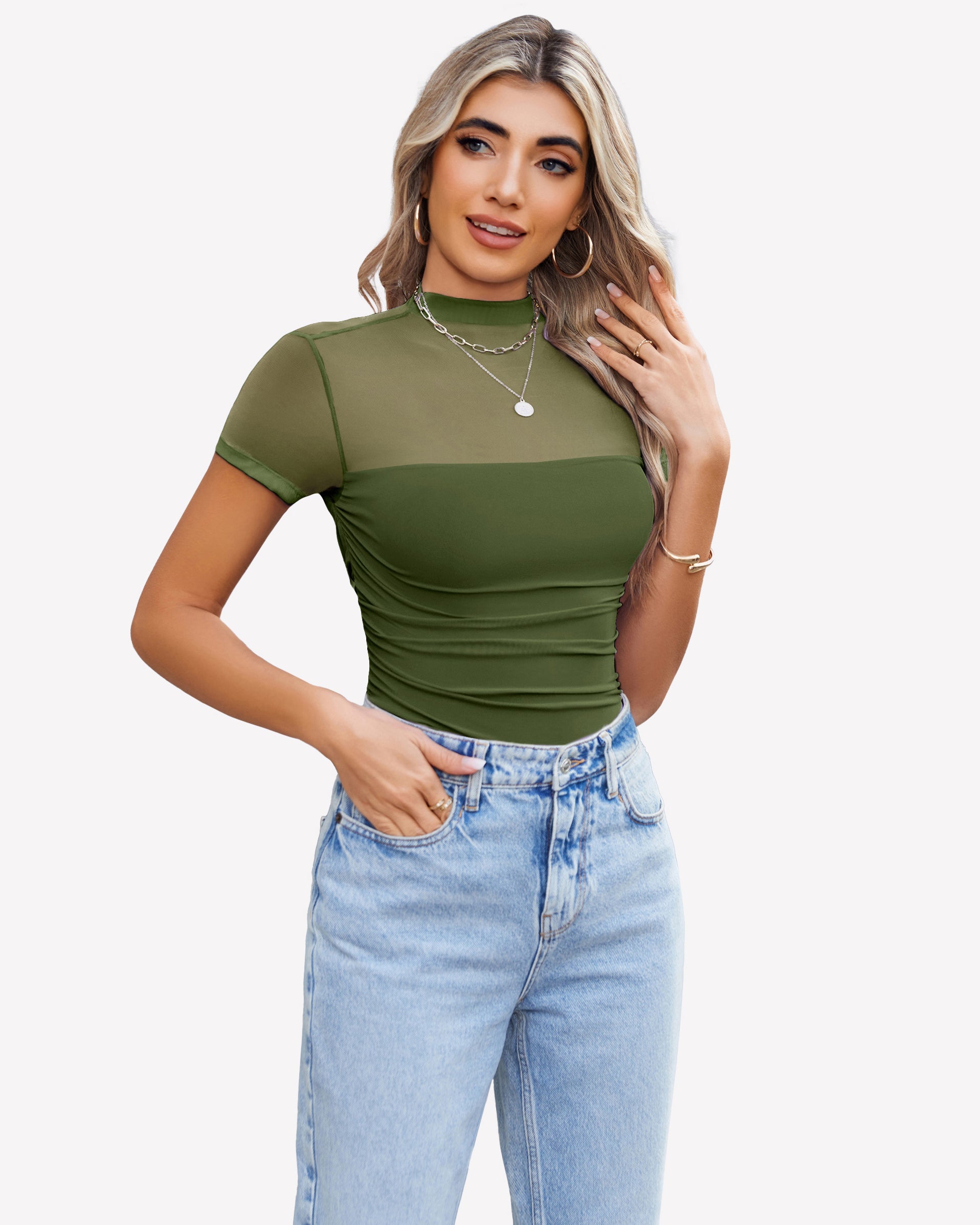 Olive green short-sleeve mesh bodysuit with turtle neck, ruched waist.