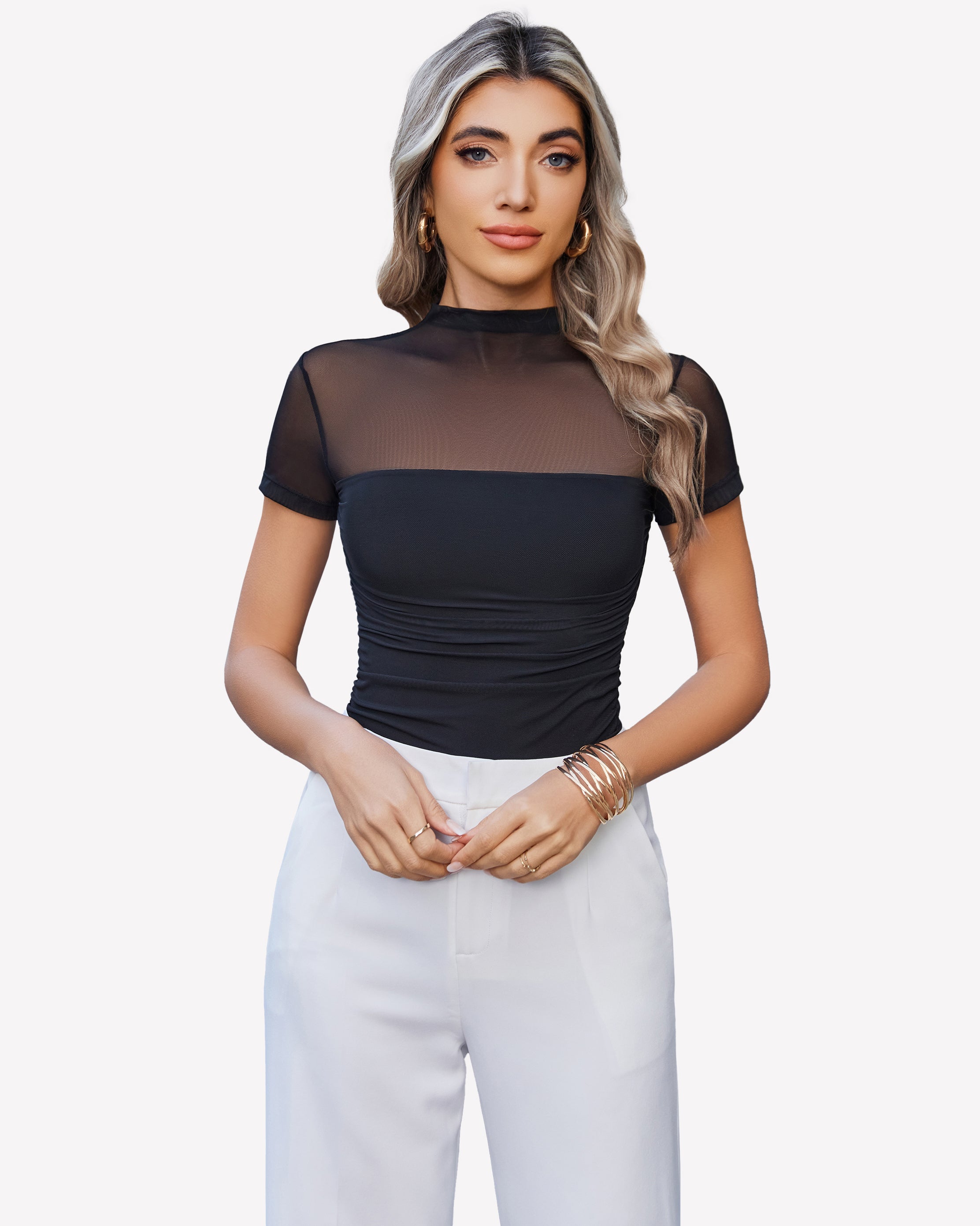 Black short-sleeve mesh bodysuit with high turtle neck, ruched front.