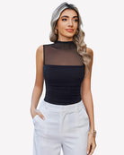 Mock neck mesh bodysuit with ruched tank front, dark color