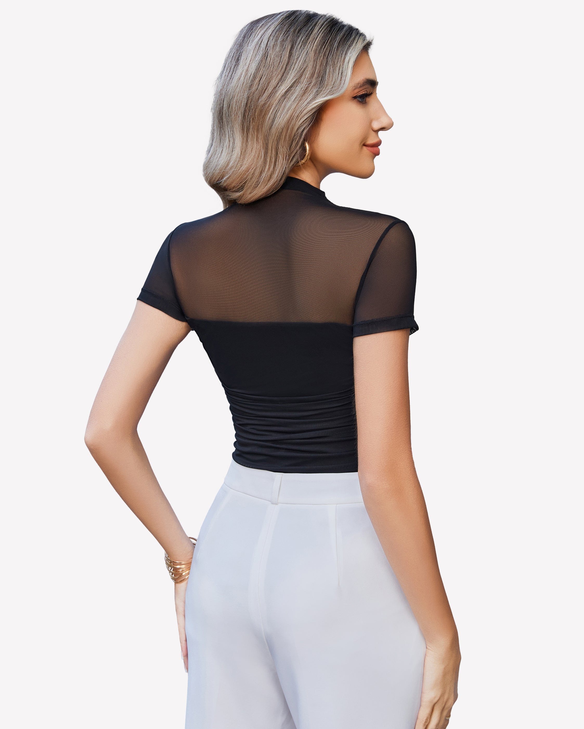 Black short-sleeve mesh bodysuit with turtle neck, ruched back silhouette.