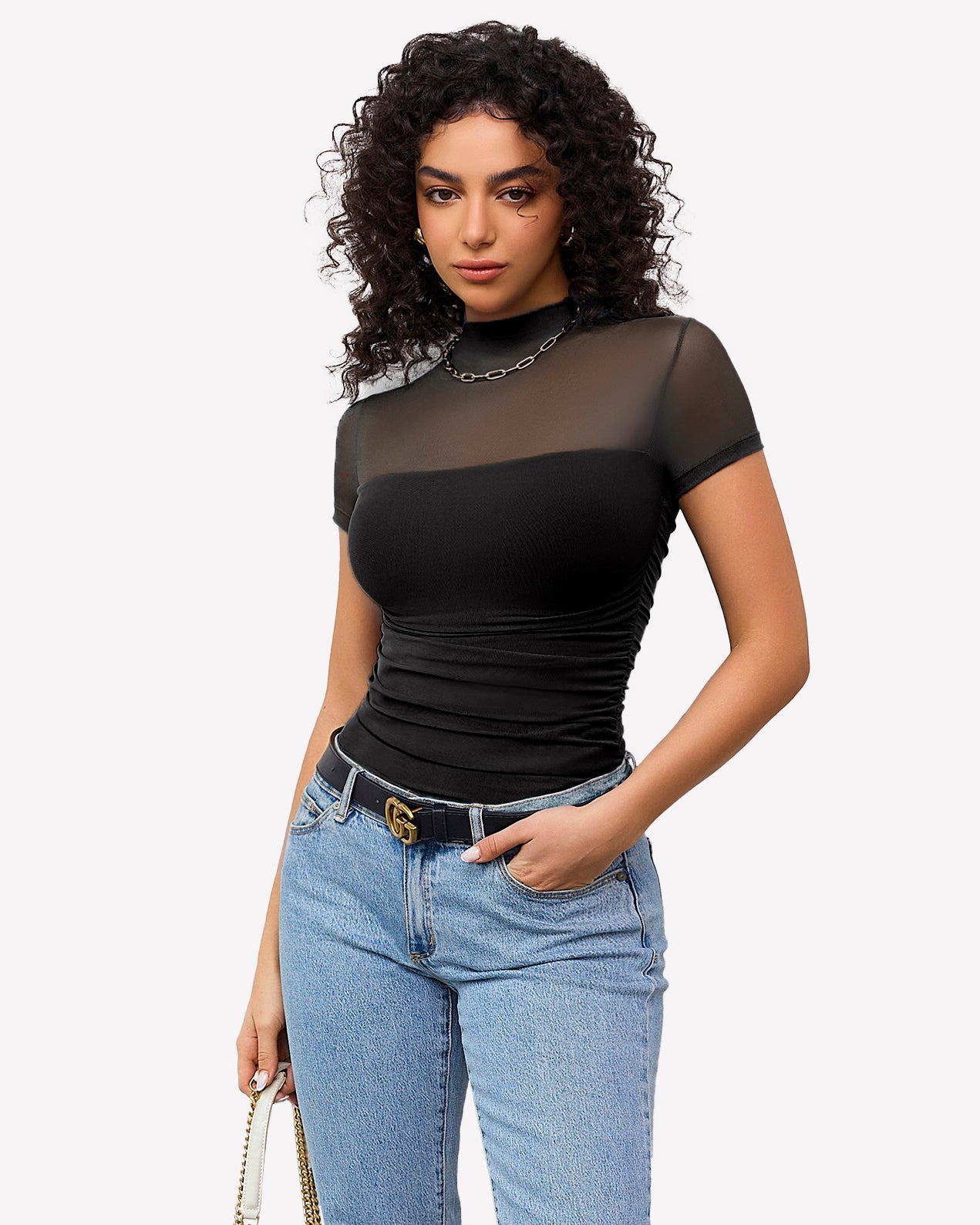 Black short-sleeve mesh bodysuit with turtle neck, ruched waist.