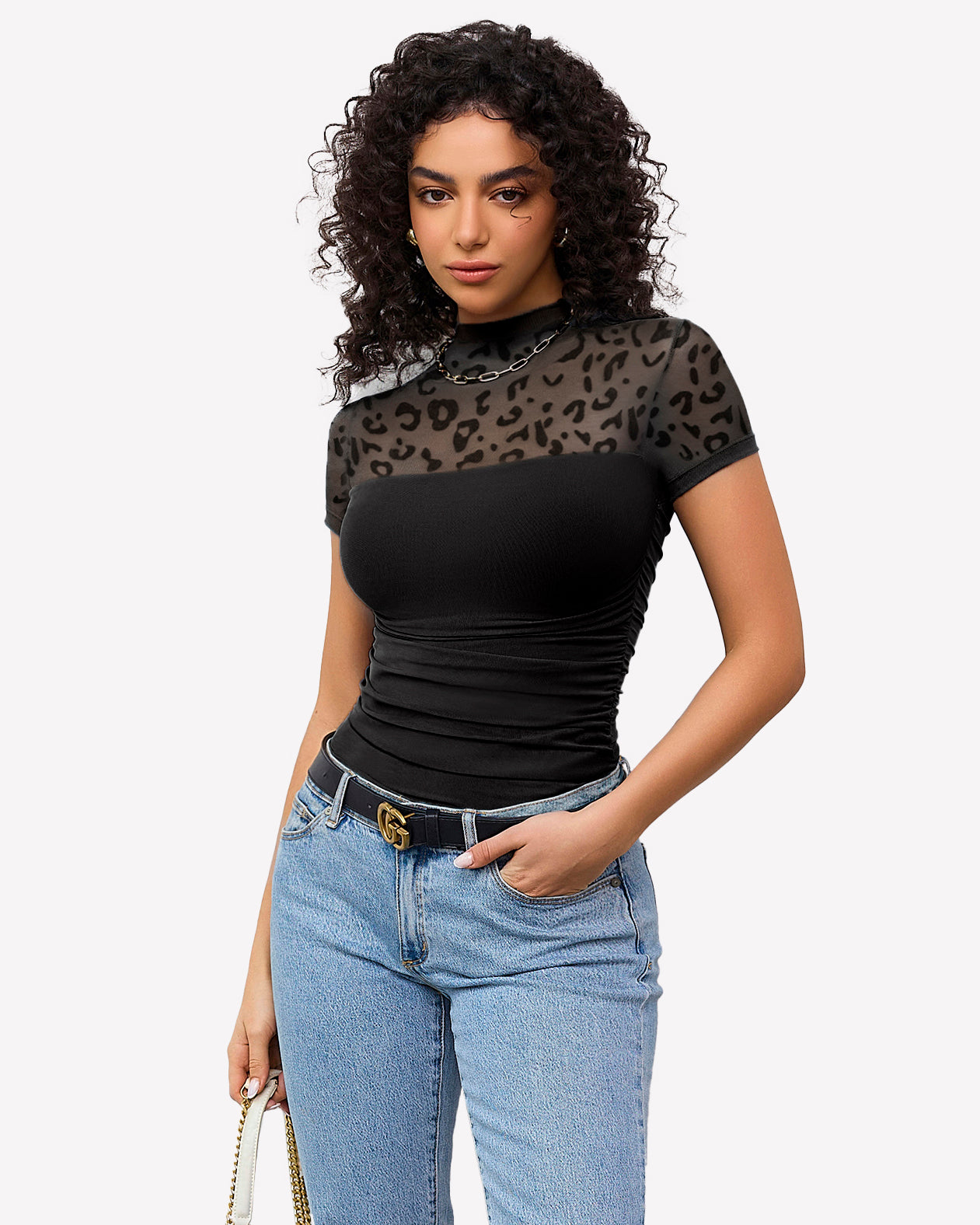 Leopard print short-sleeve mesh bodysuit with turtle neck, ruched waist.