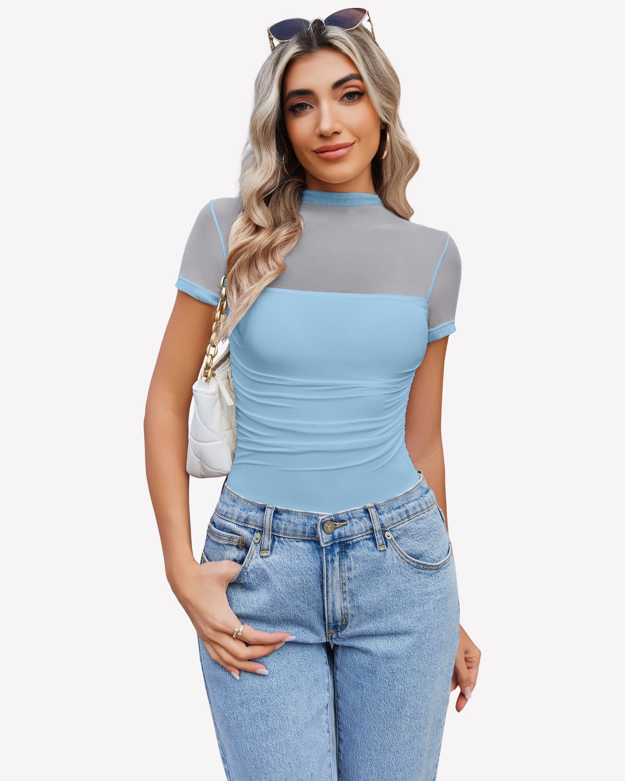 Light blue short-sleeve mesh bodysuit with turtle neck, ruched silhouette.