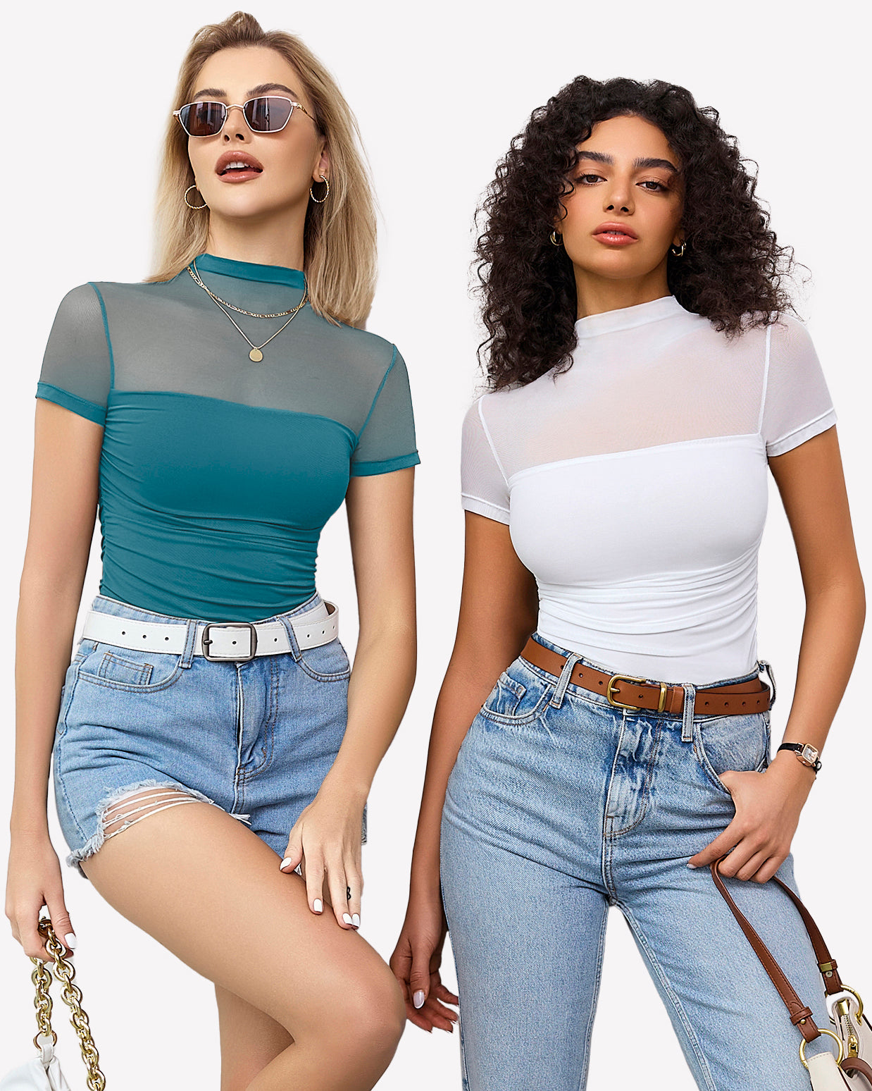 Mesh short-sleeve bodysuits, teal and white, turtle neck, ruched waist.