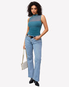 Mock neck mesh bodysuit with ruched tank front, blue-green
