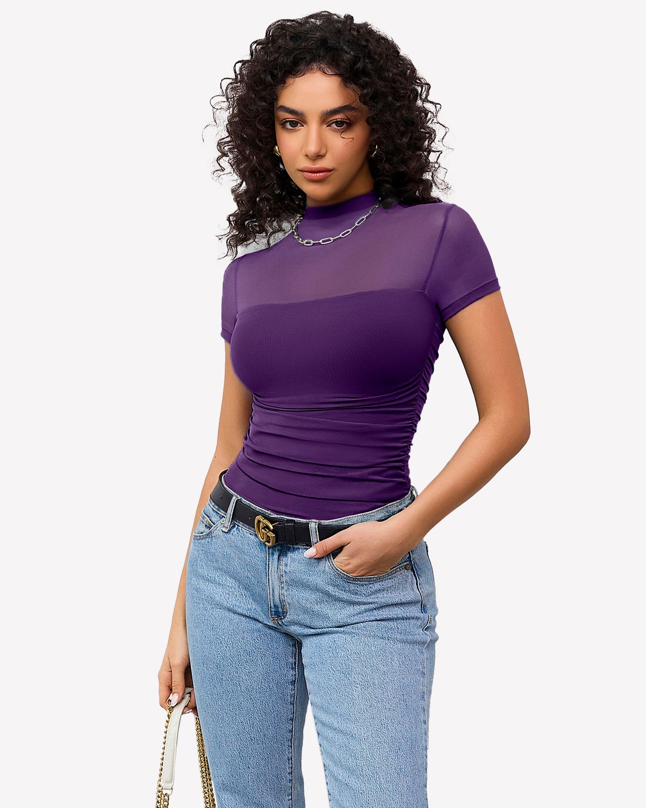 Mesh short-sleeve bodysuit with turtle neck, purple, ruched front.