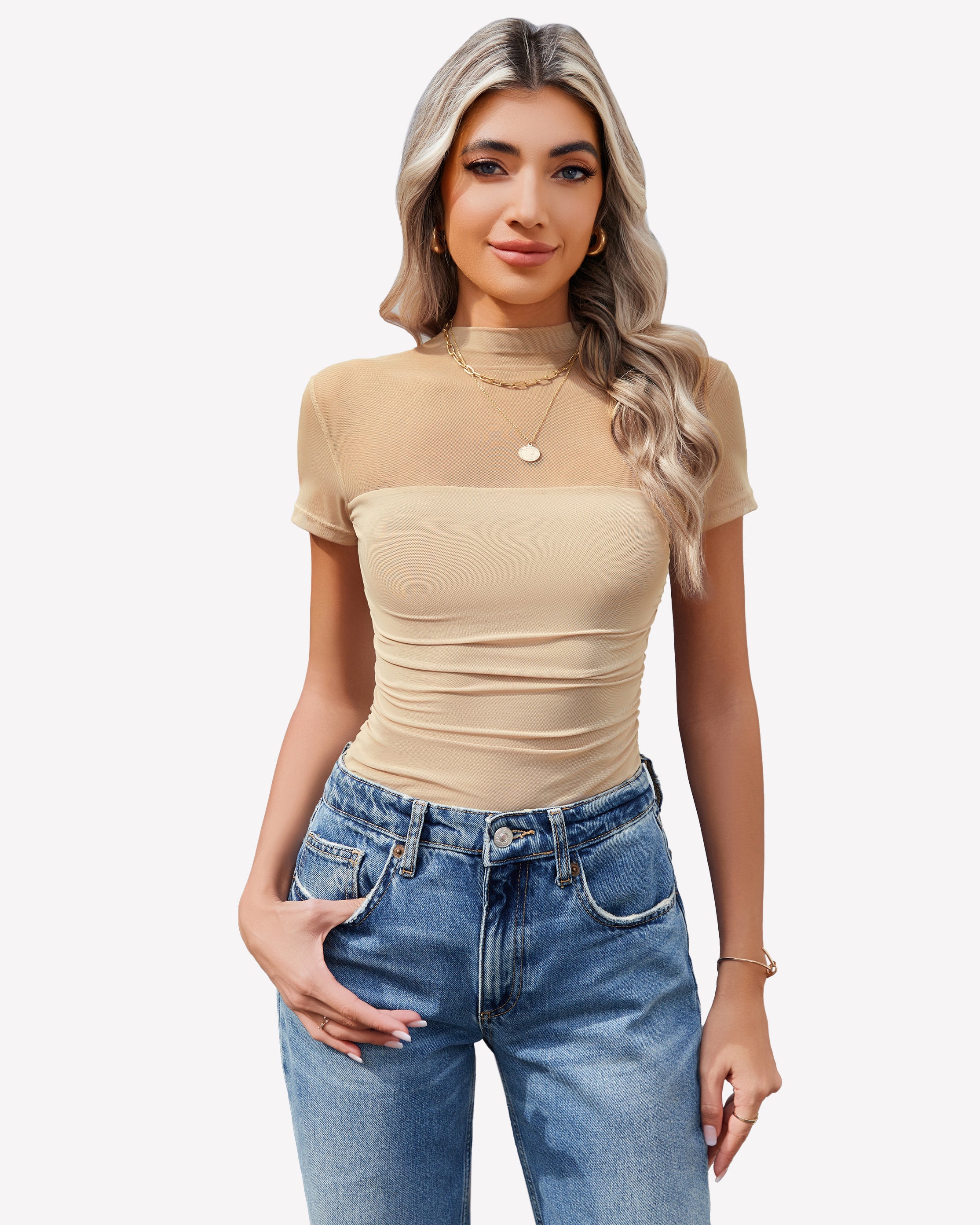 Mesh short-sleeve bodysuit with turtle neck, nude, ruched fit.