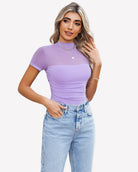 Mesh short-sleeve bodysuit with turtle neck, lilac purple, ruched front.
