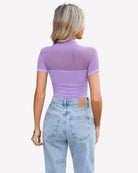 Mesh short-sleeve bodysuit with turtle neck, lilac purple, ruched back.