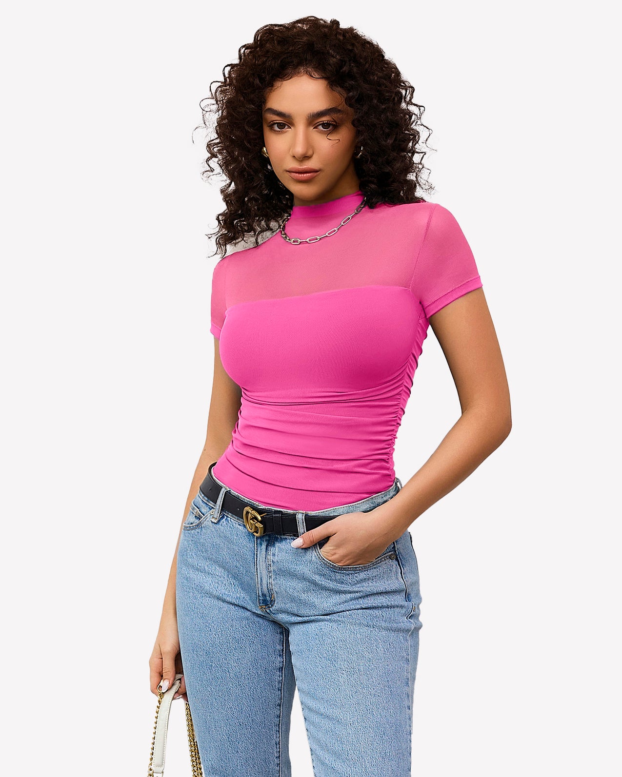 Pink short-sleeve mesh bodysuit with turtle neck, ruched waist.