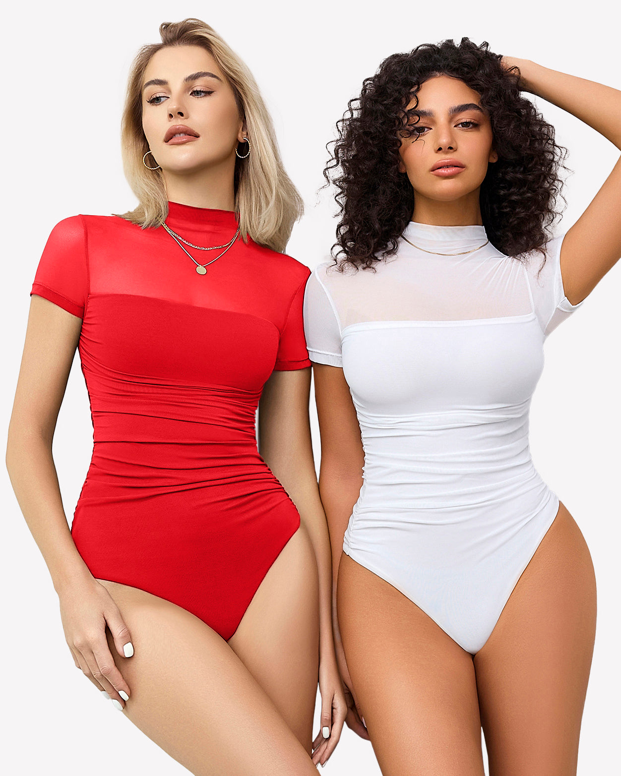 Red and white short-sleeve turtleneck bodysuits, fitted with sheer neckline