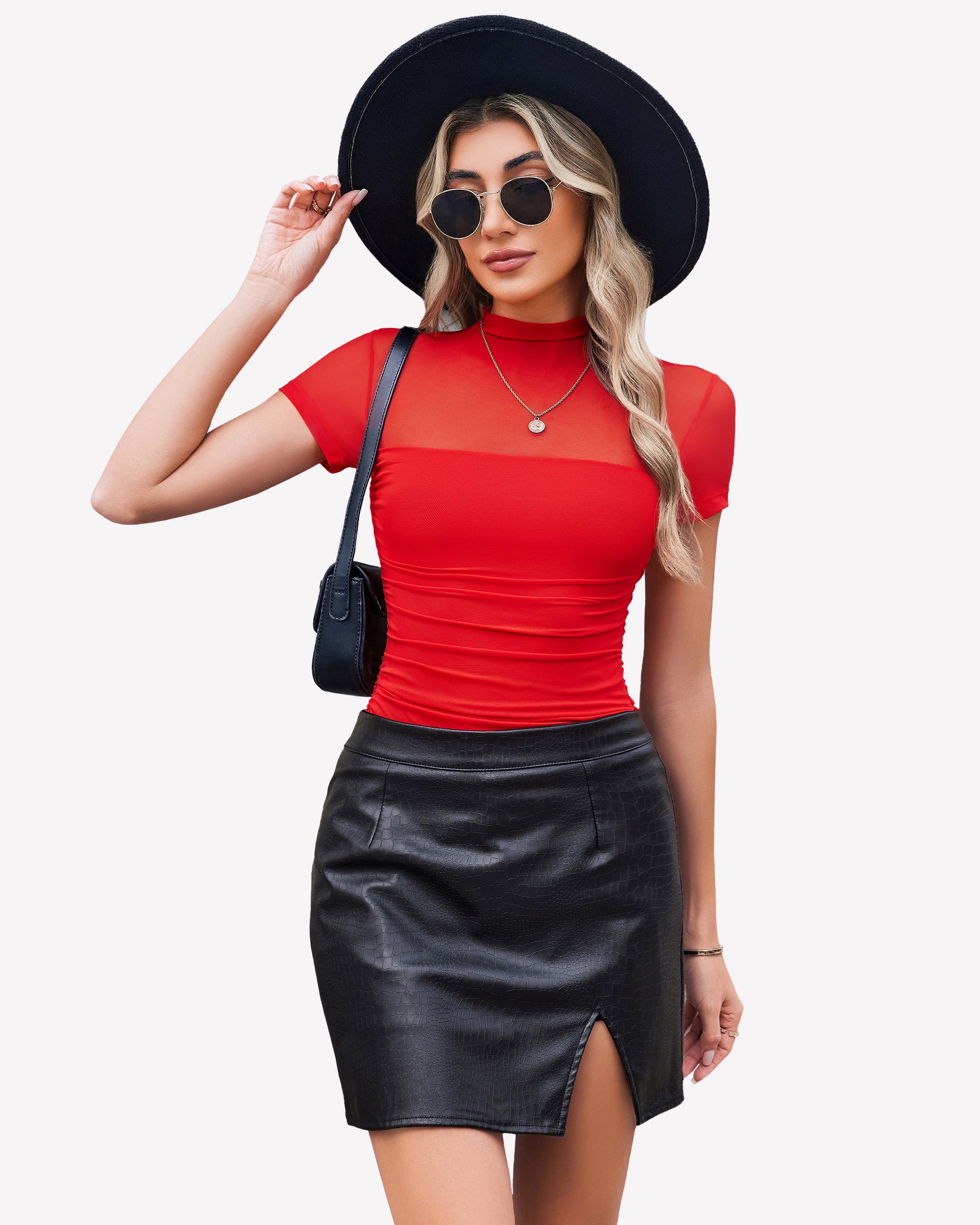 Mesh short-sleeve bodysuit with turtle neck, red, ruched front.