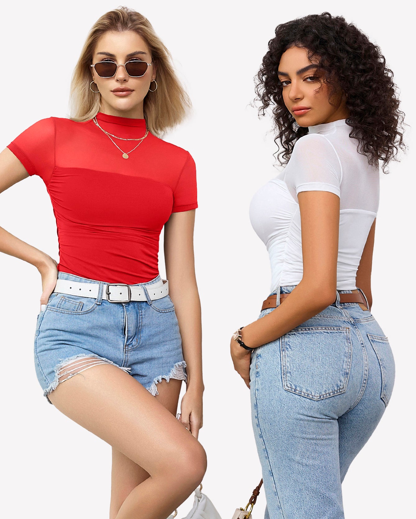 Red short-sleeve turtleneck bodysuit front view, ruched waist