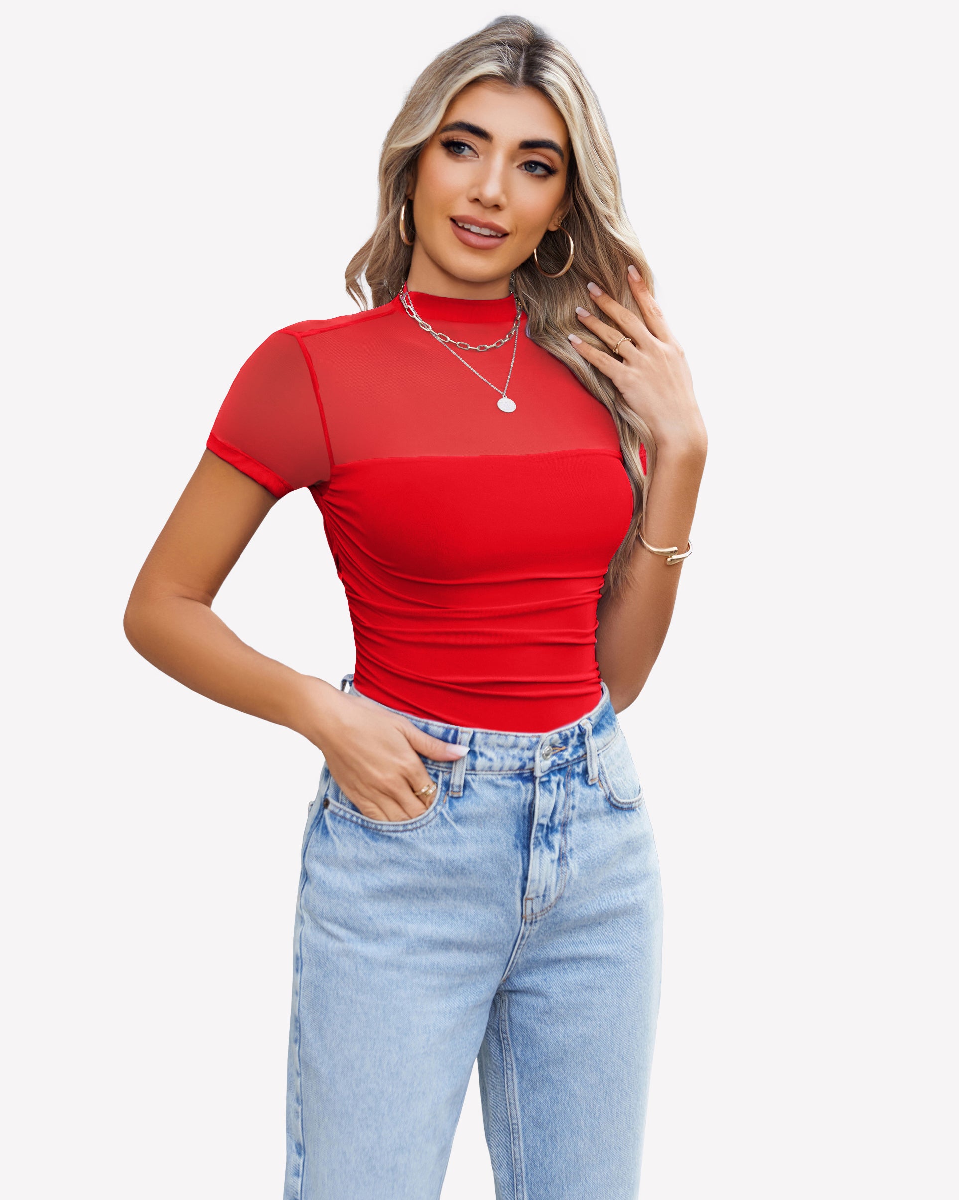 Mesh short-sleeve bodysuit with turtle neck, red, ruched waist fit.