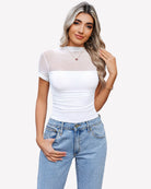 White short-sleeve turtleneck bodysuit, ruched waist and high neckline