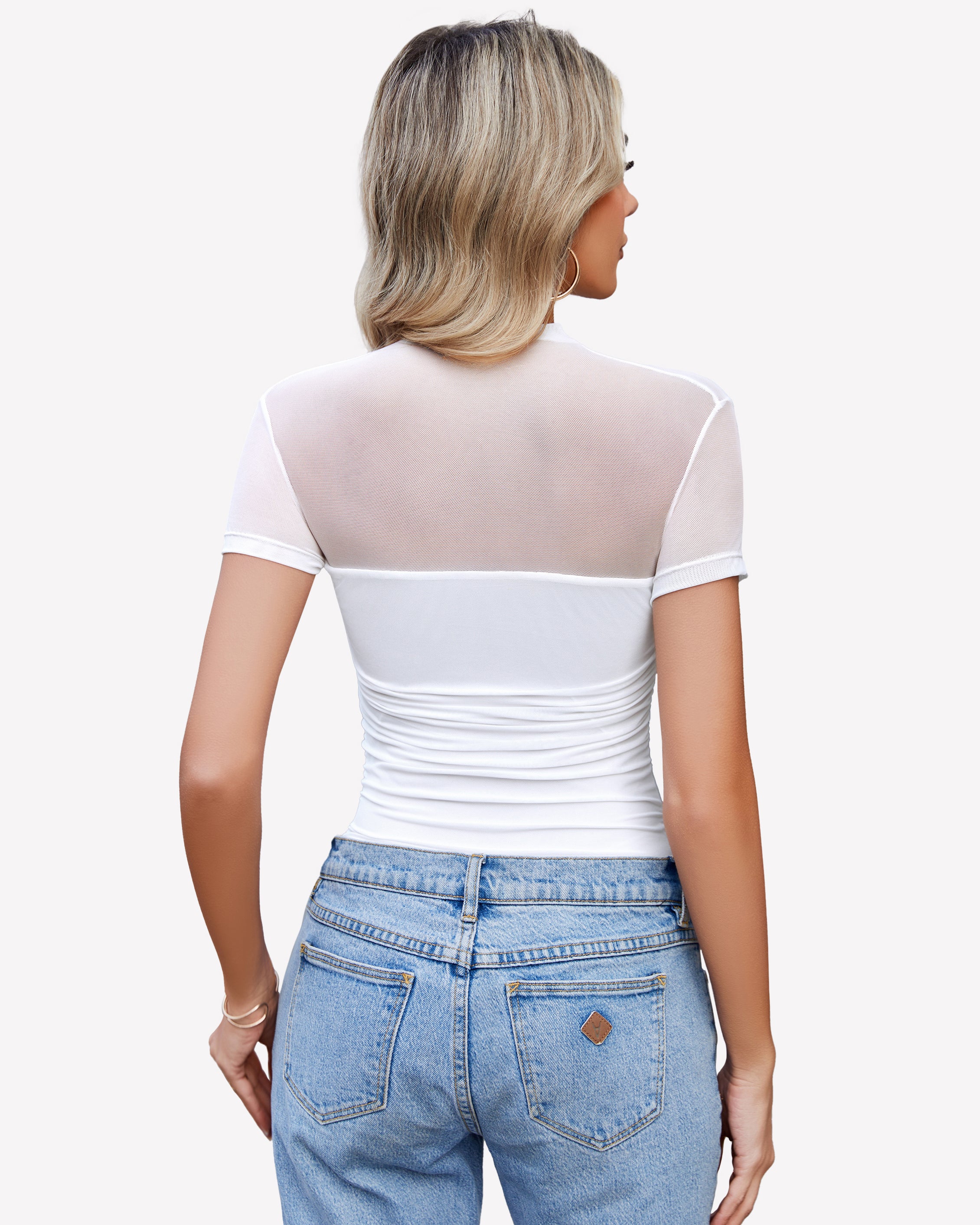 White short-sleeve turtleneck bodysuit back view, sheer yoke and ruched waist