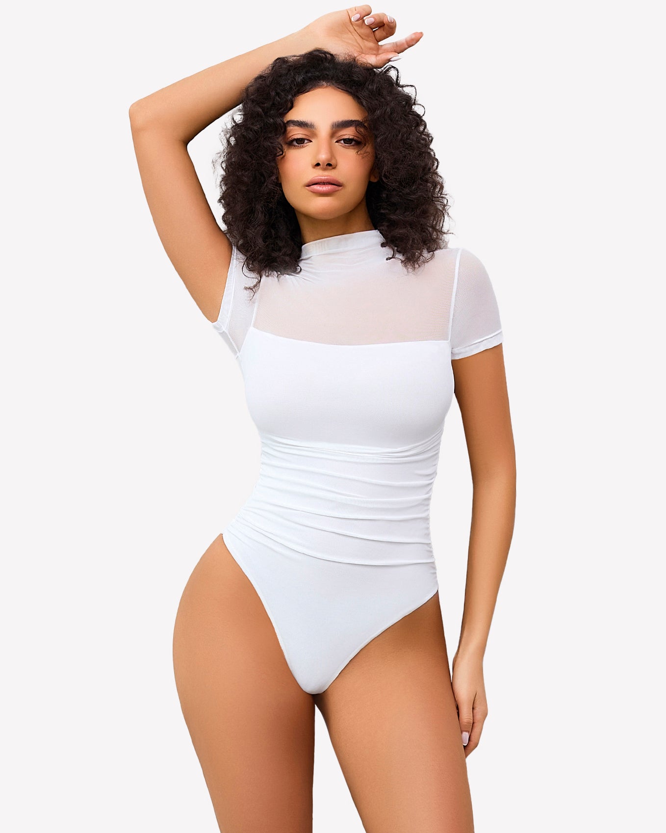 White short-sleeve turtleneck bodysuit, sheer neckline panel and fitted cut