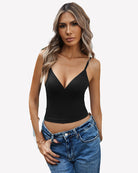 Black V-neck spaghetti strap cami top, side view with thin straps