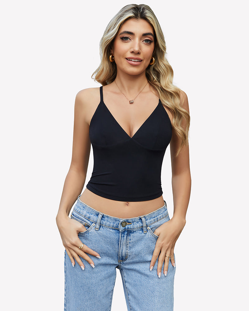 Black V-neck spaghetti strap cami top, fitted with thin straps