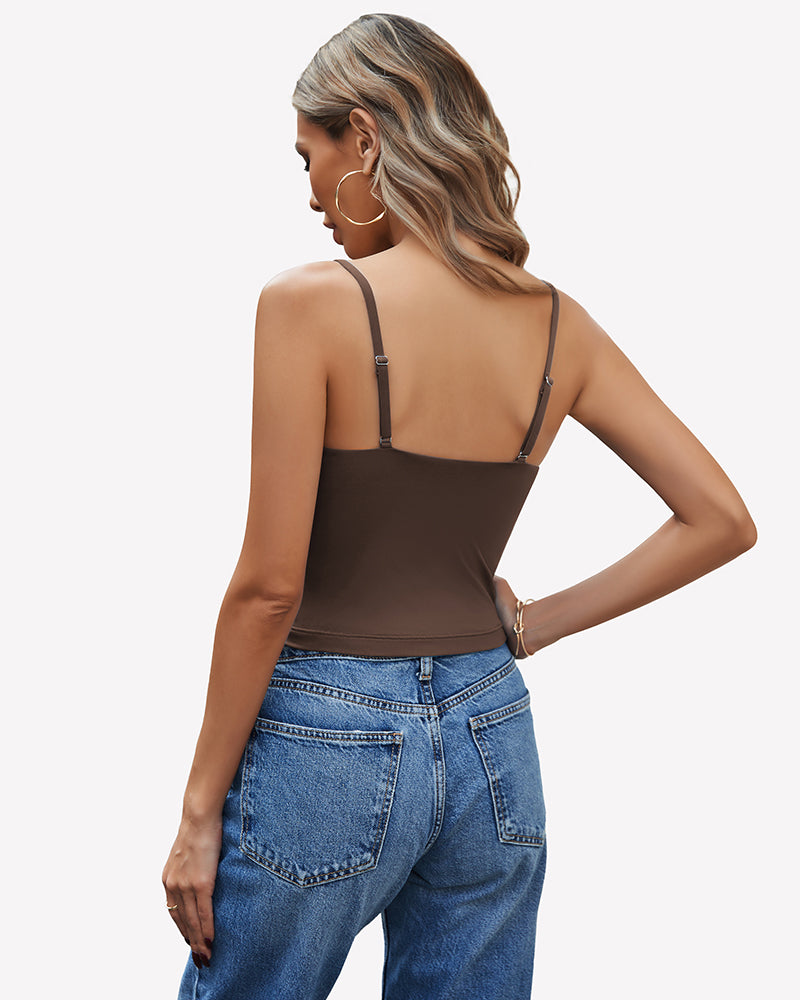 Nude brown V-neck spaghetti strap cami top, back view with thin straps