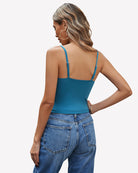 Light blue V-neck spaghetti strap cami top, back view with thin straps