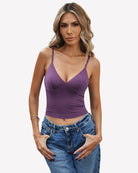 Purple V-neck spaghetti strap cami top, fitted front with thin straps