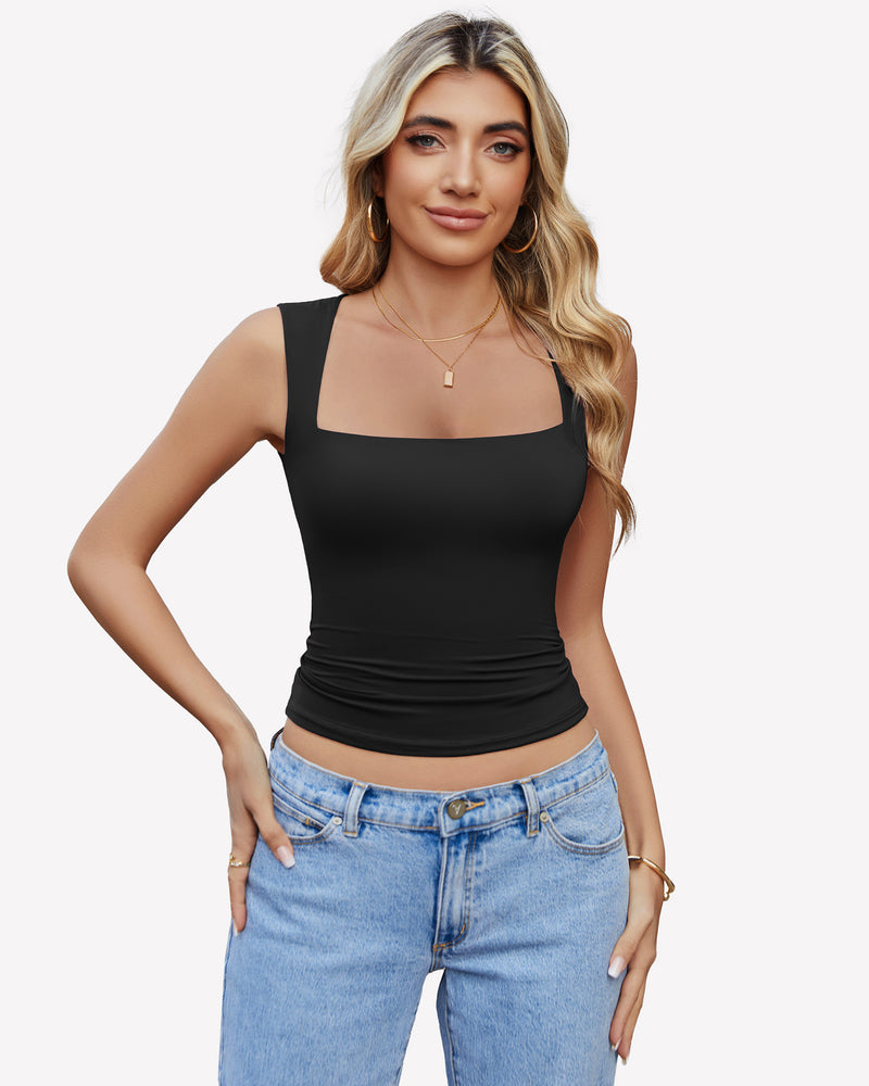 Black square-neck cropped tank top, sleeveless with ruched hem