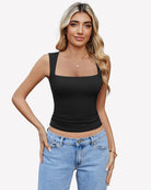 Black square-neck cropped tank top, sleeveless with ruched hem
