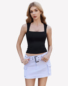 Black square-neck cropped tank top with sleeveless design and ruched bottom