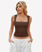 Brown square-neck cropped tank top, sleeveless with gathered ruched hem