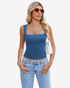 Blue square-neck cropped tank top, sleeveless with ruched hem