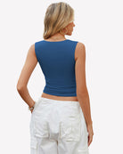 Blue square-neck sleeveless cropped tank top, back view