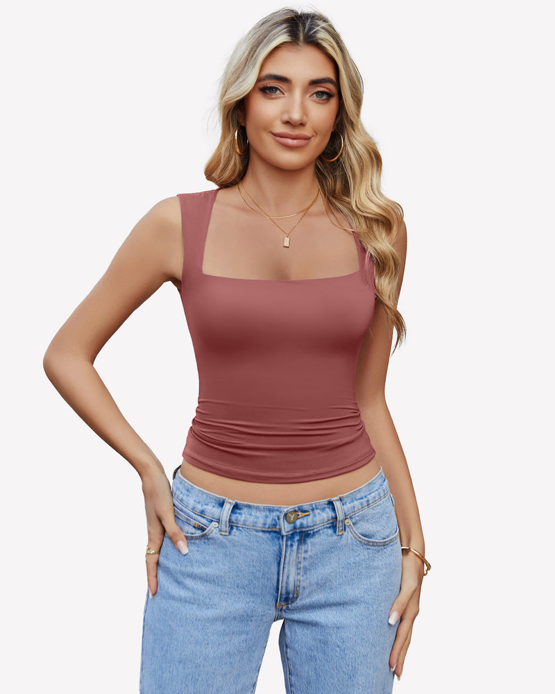 Mauve square-neck cropped tank top, sleeveless with ruched hem