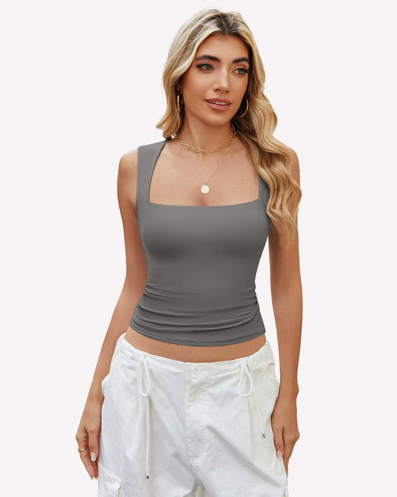 Square-neck crop tank top, grey sleeveless with square neckline